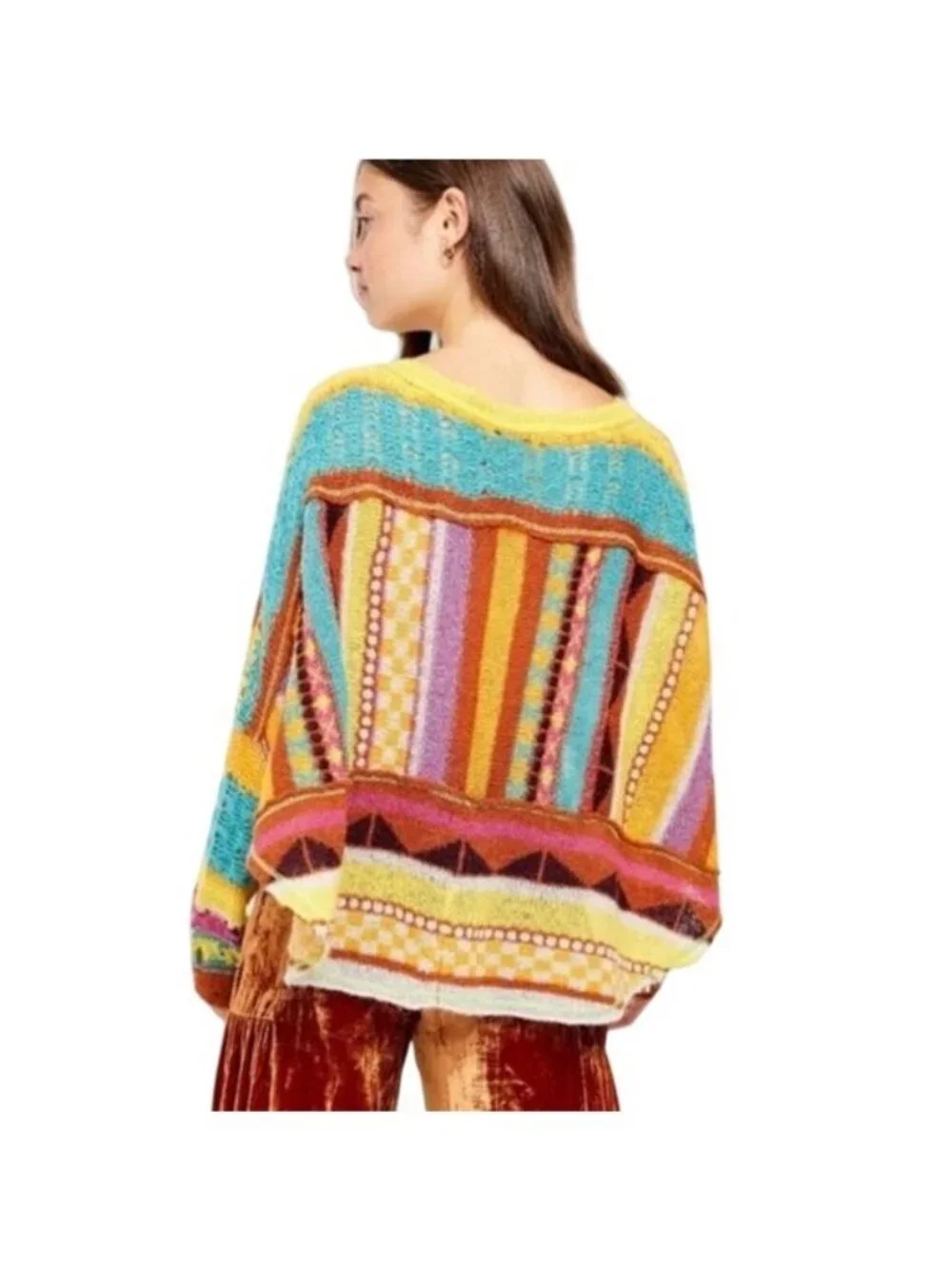 NWT Free People Bright Multicolored Knit Poncho Sweater M| Boho Whimsigoth Indie - Picture 7 of 16